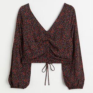 H&M Black Floral Ruched Drawstring Blouse – XXL